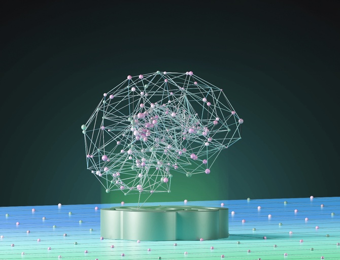 Abstrakte Darstellung einer Kugel, die aus vernetzten Punkten und Linien besteht, auf einem Podest stehend.